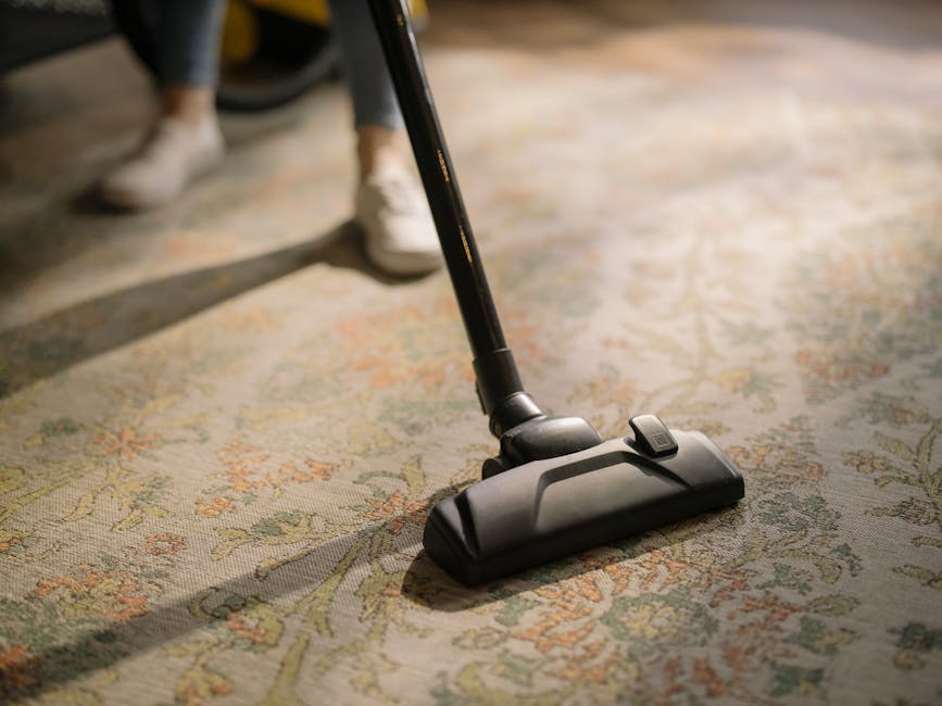 Close-up of a canister vacuum cleaner with a transparent dust container filled with debris, connected to a flexible hose with a patterned cover, positioned on a pinkish-beige carpet in a residential o